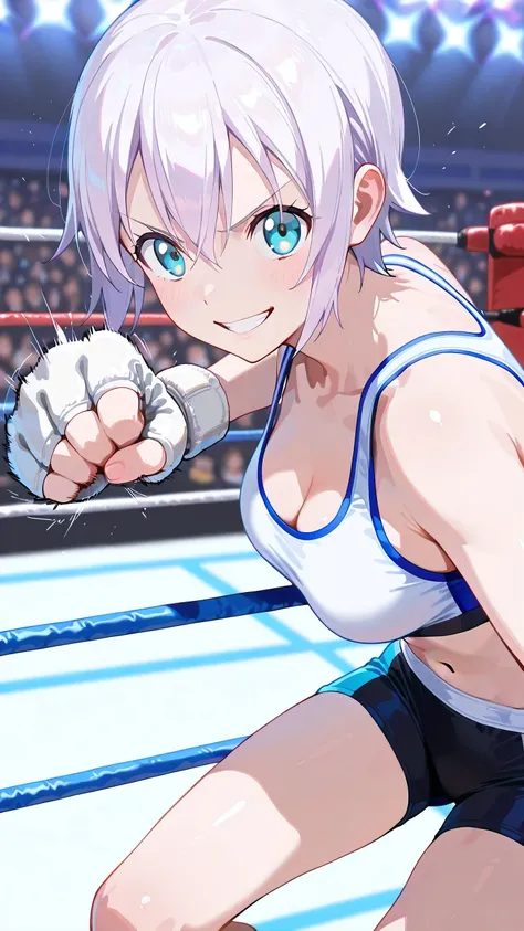 lisanna strauss, short hair, blue eyes, hair between eyes, white hair,, solo, Detailed eyes, white sports bra, black sports very short spats, white fingerless gloves, thigh, cleavage, slim long legs, medium breast, serious grin, looking at viewer, Detailed...