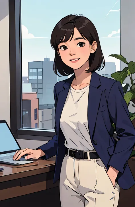 30 year old adult woman 、Working in an office、 Southeast Asians、brown skin、 Hair、Clean、light colored jacket with white inner shirt、Belt and pants、office casual、 Smile、standing with a laptop and writing utensils in hand、Outside the window is a blue sky, bro...