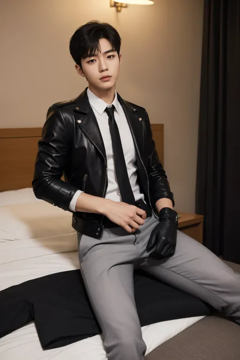 a slim muscular, Full body shot of A handsome Korean guy like a K-pop idol in leather jacket and tie and leather gloves. lean on lie down in hotel room. tempting.sexy.try to rape.realistic high quality .intricate detail face , ultra high res, uhd. Hyper-re...