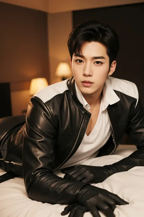 a slim muscular, Full body shot of A handsome Korean guy like a K-pop idol in leather jacket and tie and leather gloves. lean on lie down in hotel room. tempting.sexy.try to rape.realistic high quality .intricate detail face , ultra high res, uhd. Hyper-re...