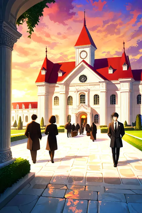 A majestic classical-style dormitory building for a magic academy. The building has a bright red roof, tall ivory-white pillars about five meters high, and engraved royal emblems on each side of the pillars. The scene is set during late afternoon with a wa...