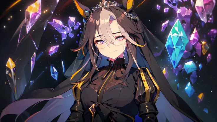 (Solo, alone, girl, horse ears, sitting on hands, wearing glasses, super long hair, no ears, piercing eyes, looking at camera, intense smile, breasts hidden under clothes, long see-through black lace wedding dress, short high waist skirt, black pantyhose, ...