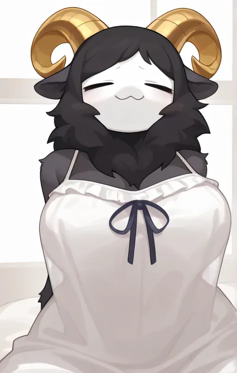 in, Highest Quality, masterpiece、no human、Electric Sheep、White Face、 golden horns、 white nightwear