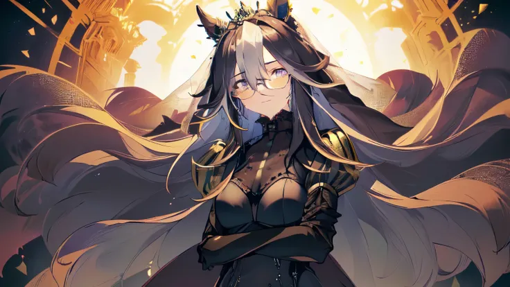 (Solo, alone, girl, horse ears, sitting on hands, wearing glasses, super long hair, no ears, piercing eyes, looking at camera, intense smile, breasts hidden under clothes, long see-through black lace wedding dress, short high waist skirt, black pantyhose, ...
