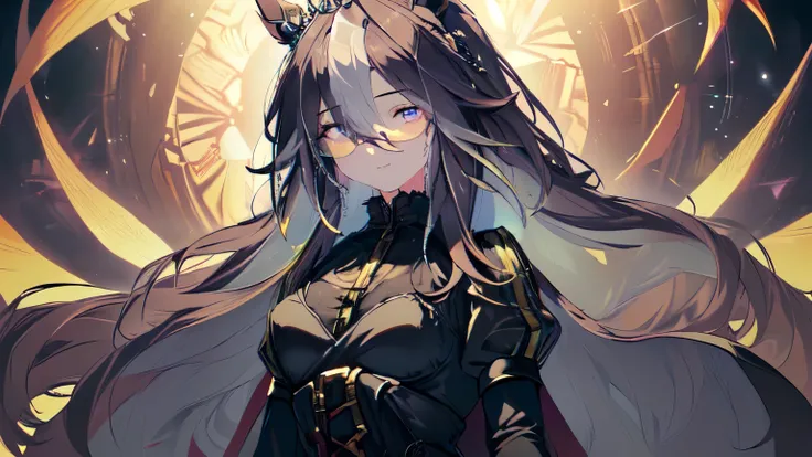 (Solo, alone, girl, horse ears, sitting on hands, wearing glasses, super long hair, no ears, piercing eyes, looking at camera, intense smile, breasts hidden under clothes, long see-through black lace wedding dress, short high waist skirt, black pantyhose, ...
