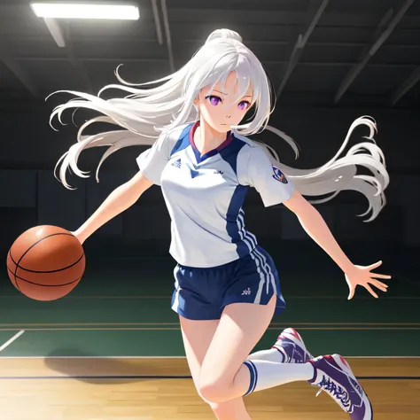 A young female basketball player makes a dynamic jump shot with elegance and control. She holds the ball firmly in both hands, her form showing strong confidence and skill. Her athletic uniform fits her form well, paired with high socks and sneakers in mat...