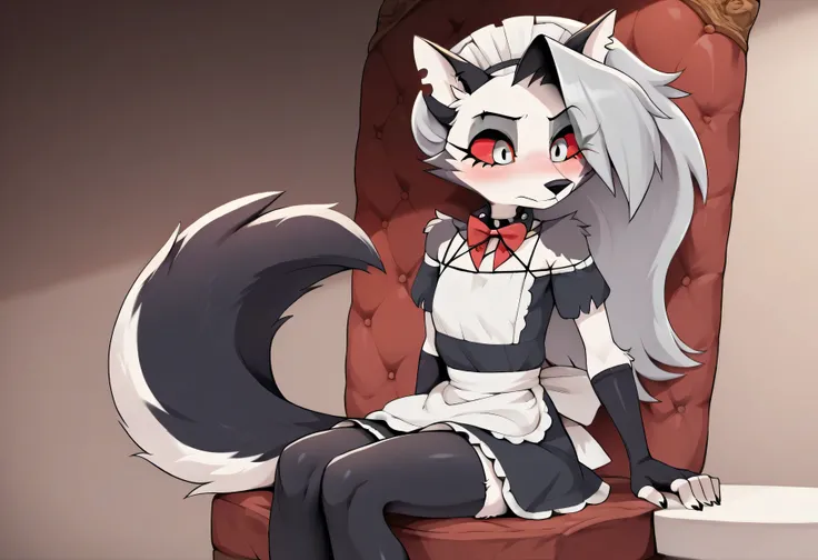 score_9, score_8_up, BREAK, source_anime, (1girl, solo), uncensored, {anthro wolf; (feminine figure), (white body fur), (cute red eyes), perfect body, slim, thigh highs, fingerless gloves, anthro, furry, (Maid Outfit, sitting:1.2), Loona \(Helluva Boss\),
...