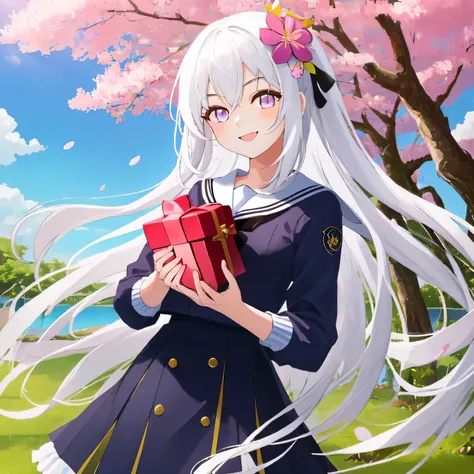 A breathtakingly beautiful 20-year-old woman stands in a lush park filled with cherry blossoms in full bloom beneath a clear blue sky. She wears a classic sailor uniform and gently holds a small, neatly wrapped gift box adorned with a red ribbon. Her radia...