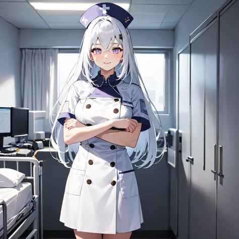 A breathtakingly beautiful 20-year-old woman stands in a warmly lit hospital room, dressed in a white mini-skirt nurse uniform with a matching cap. Her shy smile adds a touch of charm, while the surrounding medical equipment and furnishings create an authe...