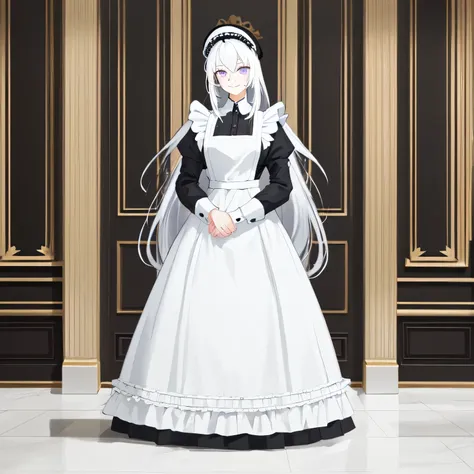 A breathtakingly beautiful 20-year-old woman stands in an opulent mansion room, dressed in a classic black-and-white maid outfit with a short hem and a white brim cap. Her confident smile radiates warmth. The room features elegant furnishings and decor bef...