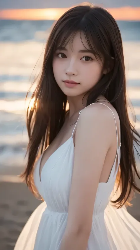 sunset beach, golden hour lighting, cinematic atmosphere, portrait photo of a beautiful woman with long hair, soft breeze, natural expression, looking at camera, wearing a flowing white dress,
Full body, front, symmetrical, warm tones, soft focus