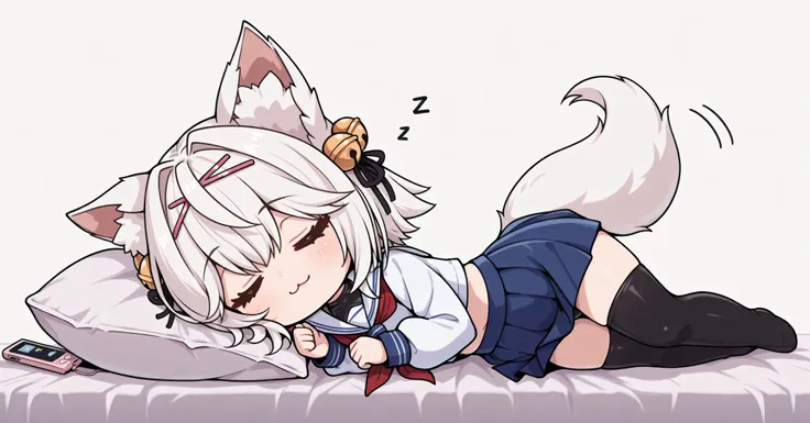 masterpiece, Highest Quality, 1 girl, solo, F1L1AN2nd, white hair, short hair, Sakura hairpins only, Hair bell , animal ear, foxtail, white sailor suit, long sleeve, red neckerchief, swimsuit , Black Swimsuit, blue skirt, black thigh high socks,  chibi,  d...