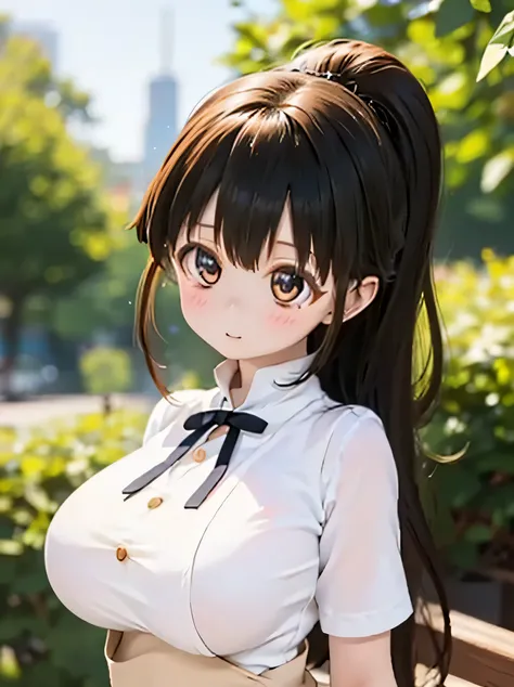 pop art,High Quality,Extra Large,tree々,Strong light,(((Big Breasts))),nature,scenery,Photorealistic,sparkles,4K,Super Detail,masterpiece,high definition,超high definition,Bokeh,Wide range of colors、Poplar　((( word)))Family restaurant uniform　black hair