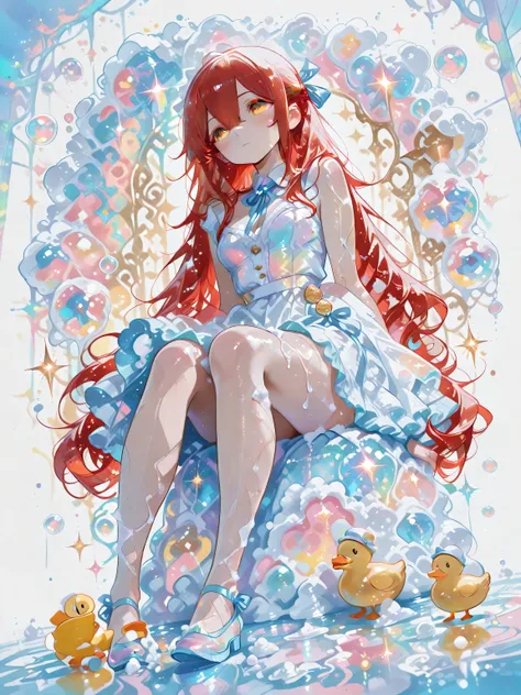 wide shot,full body 1 girl , golden eyes , very long hair , long sidelocks, red hair ,half updo, petite , very cute , beautiful ,Straight hair, cool, handsome, hair between eyes, sexy, medium breasts , (twintails), wavy hair,sundress,spread skirt,bare legs...