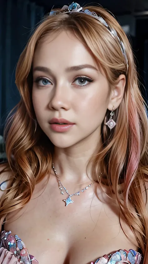 1girl,star blue eye,blush,perfect illumination,upper body,3DMM,blonde hair,long hair,jewelry,gradient pink background,pink dress,earrings,pink dress,realistic,necklace,looking at viewer,tiara,pink lips,light smile,unreal engine,side lighting,detailed face,...