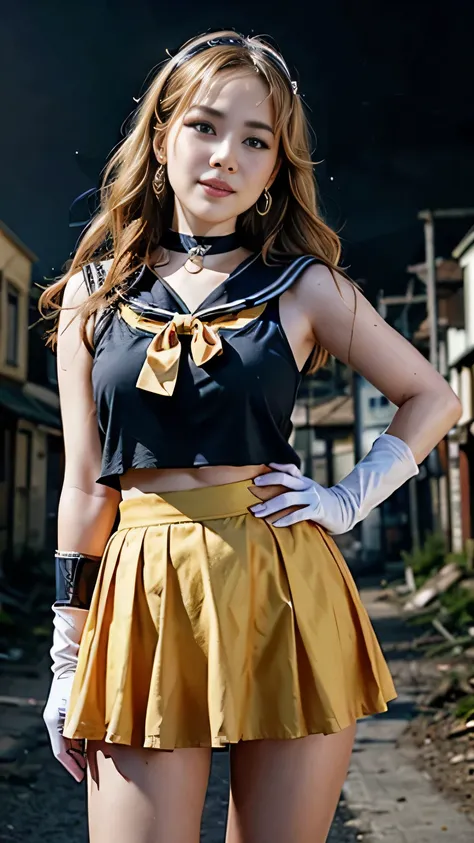 masterpiece, best quality, highres, venus1, 1girl, solo, sailor senshi uniform, sailor venus, aino minako, blonde hair, magical girl, blue eyes, orange skirt, elbow gloves, tiara, pleated skirt, hair bow, orange sailor collar, miniskirt, choker, red bow, o...