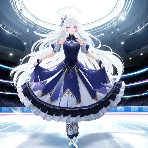 Depict a 20-year-old, stunningly beautiful woman gracefully gliding across the ice in a grand skating arena. She wears an elegant and intricately designed figure skating dress, adorned with shimmering details that reflect the arena lights. Her expression i...