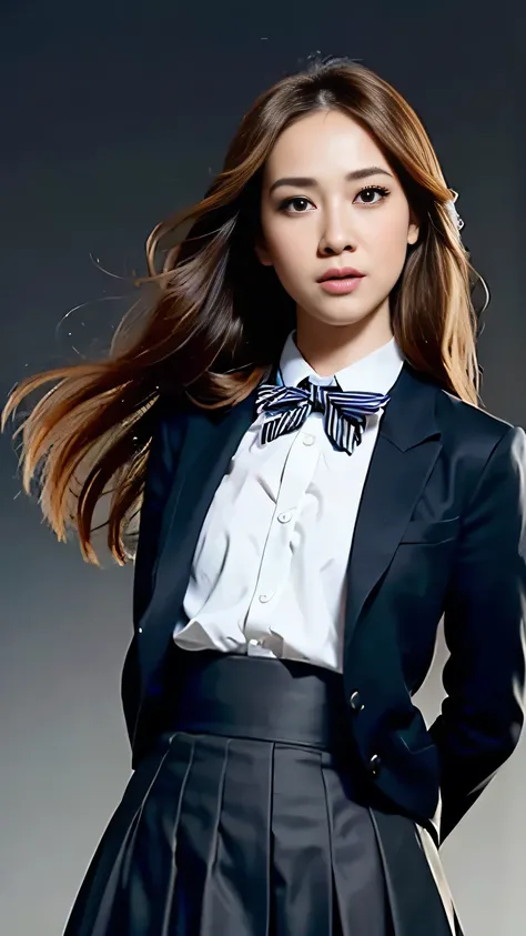 (masterpiece, highest quality:1.4), award-winning portraits, 8K, 85mm, alone, beautiful face, delicate girl, , (dark navy blazer jacket, turn your arms behind your back, close your face:1.2), dark navy skirt, long sleeve, violaces, gardenia, grace, Sophist...