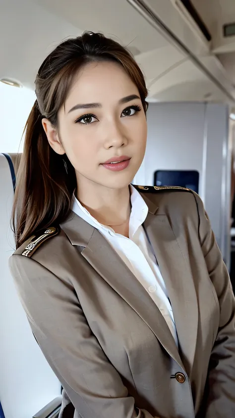 Top Quality, Masterpiece, 8K, Ultra High Definition, (Photorealistic: 1.4), 1 Girl, Beautiful Face, Symmetrical Eyes, Big, Perfect Body Proportions, Stewardess Uniform, Viewer's Look, (Inside the Airplane: 1.2), Front View, Shoulder Jump, Absolute Area (1....