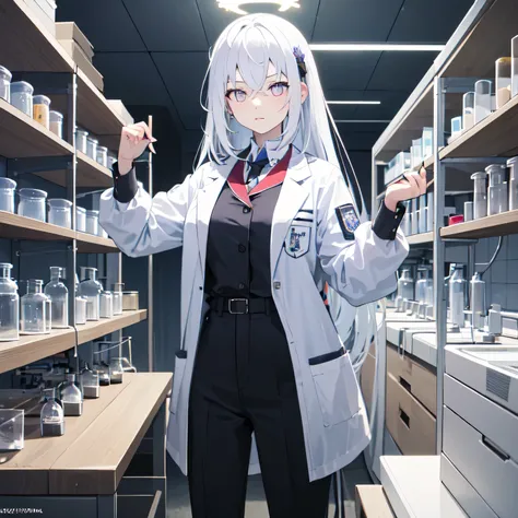Depict a 20-year-old, stunningly beautiful woman conducting an experiment in a well-equipped science lab. She wears a pristine white lab coat over professional attire, her expression focused as she carefully handles scientific instruments. Whether her hair...