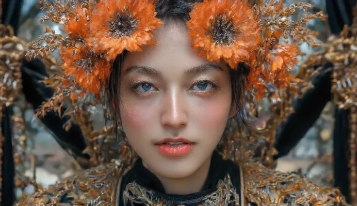handsome man, blue eyes, luxurious and ornate aristocratic clothing and makeup, surrounded by lavish, glowing flowers around his face, majestic and dreamy fantasy background, ethereal, elegant, ultra high resolution