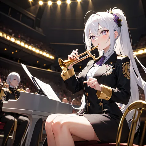 Depict a 20-year-old, dazzlingly beautiful woman playing a brass instrument in a grand concert hall. She wears an elegant yet practical band uniform, designed with intricate gold embroidery. Her posture is poised, fingers positioned with precision, her eye...