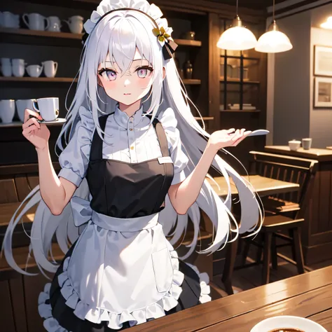 A girl is working as a waitress in a cozy cafe. She's wearing a classic maid outfit. The air feels warm and calm, and it's like you can almost smell the coffee through the picture. White hair, long hair, purple eyes.