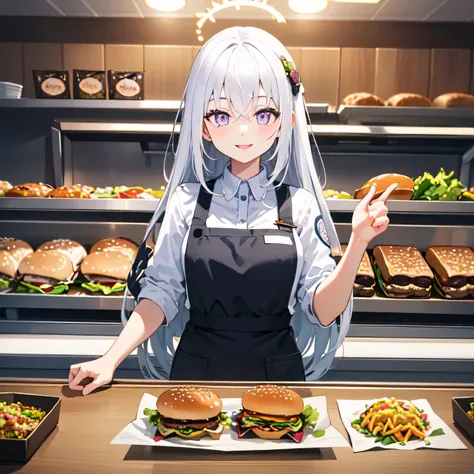 She is a cheerful girl working behind the counter at a cozy burger shop. She is wearing a cute burger shop uniform and smiling warmly at the customers. The background shows a bright and clean fast food counter with menu boards. White hair, long hair, purpl...