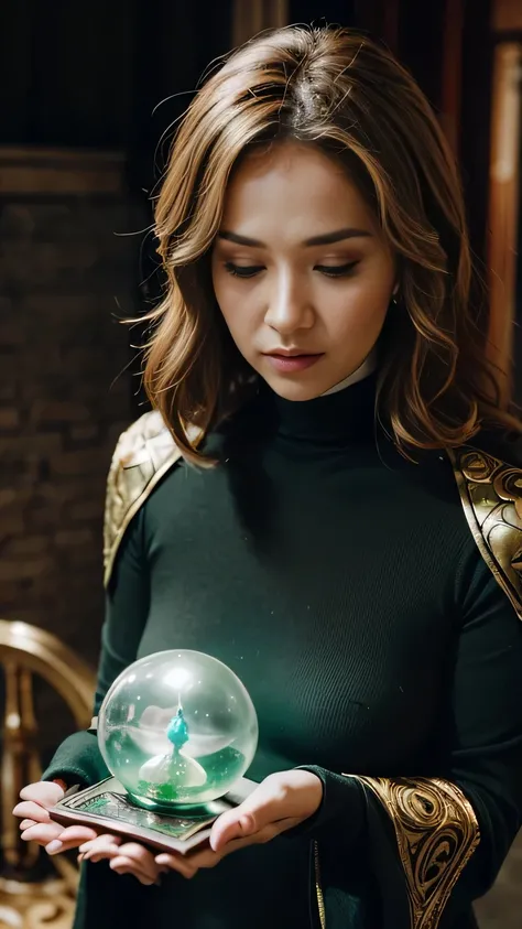 A powerful spell to create a magical barrier of protection, a woman using green magic to summon a magical shield perfect for a fantasy world.