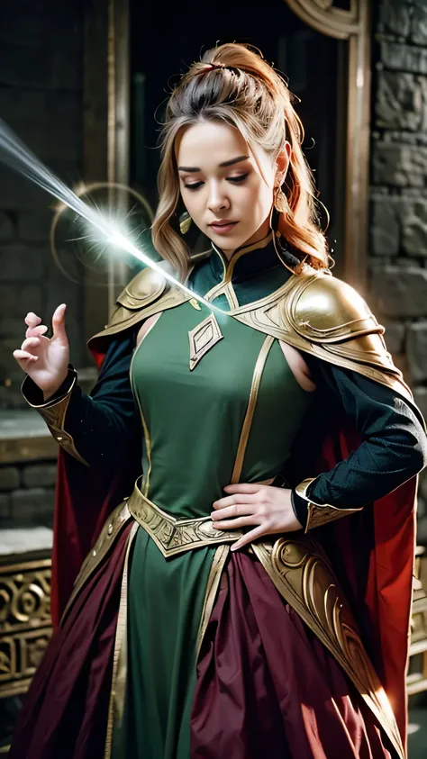 A powerful spell to create a magical barrier of protection, a woman using green magic to summon a magical shield perfect for a fantasy world.