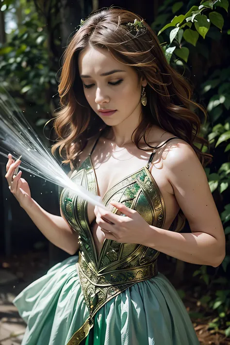A powerful spell to create a magical barrier of protection, a woman using green magic to summon a magical shield perfect for a fantasy world.
