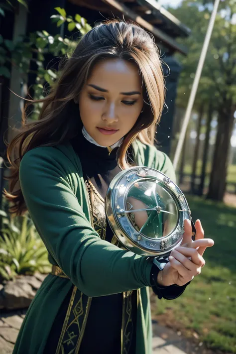 A powerful spell to create a magical barrier of protection, a woman using green magic to summon a magical shield perfect for a fantasy world.