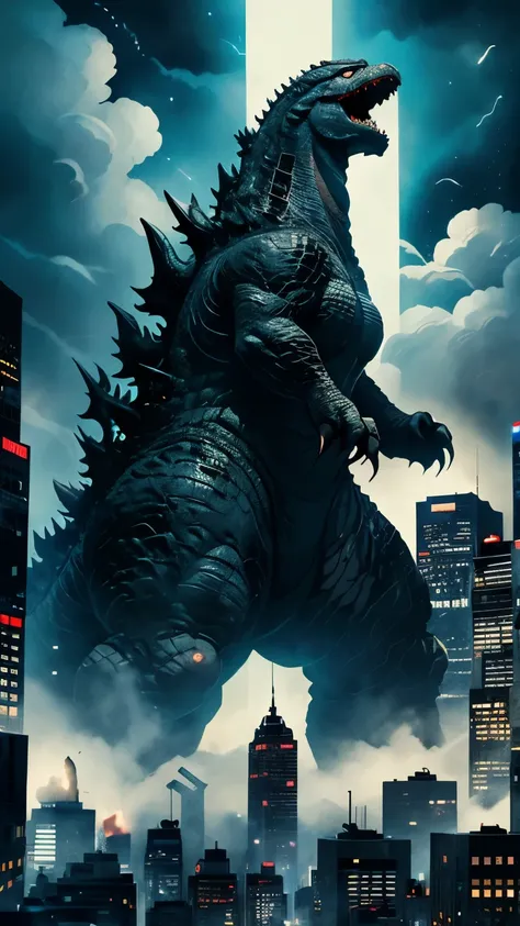 It fully depicts expressive eyes {x} captures the figure of Godzilla towering over the cityscape with overwhelming destructive power and overwhelming scale、A monumental masterpiece。It's full of awe-inspiring grandeur and grand scale、captures the essence of...