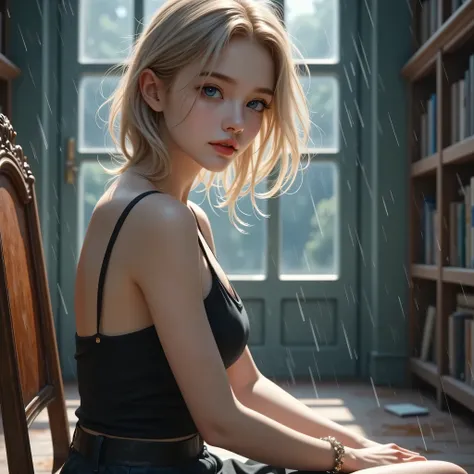 ((図書館のアンティークな椅子に座っている女の子))、(RAW shooting, Photorealistic:1.5, 8K, Highest画質, masterpiece, Ultra-high resolution), Perfect dynamic composition:1.2, Night Street Corner, Looking up at the sky:1.3, (((Heavy rain from a typhoon))), Highly detailed skin and fac...