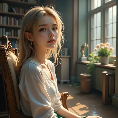 ((図書館のアンティークな椅子に座っている女の子))、(RAW shooting, Photorealistic:1.5, 8K, Highest画質, masterpiece, Ultra-high resolution), Perfect dynamic composition:1.2, Night Street Corner, Looking up at the sky:1.3, (((Heavy rain from a typhoon))), Highly detailed skin and fac...