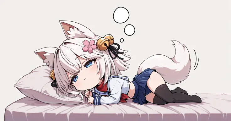 masterpiece, Highest Quality, alone girl on break day, solo, F1L1AN2nd, white hair, short hair, Pink Cherry Blossom Hair Ornament, Hair bell   , animal ear,  foxtail , white sailor suit, long sleeve, red bandana only, swimsuit , 黒いswimsuit, blue skirt, bla...