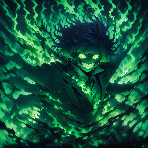 Man in a dark green suit, with a crazy smile, bob hairstyle, hair color dark purple, against a green fire