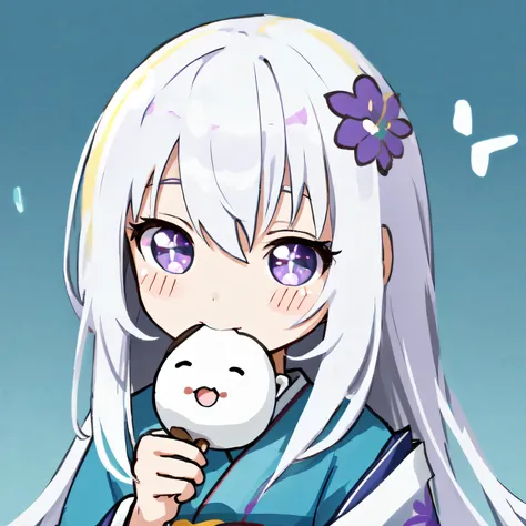 A Japanese anime-style chibi girl, 3-head-tall, super round body and head, deformed proportion, big sparkling eyes, small nose and mouth, cute and soft illustration, simplified color palette, masterpiece, her mouth is empty, nothing in her mouth, no object...