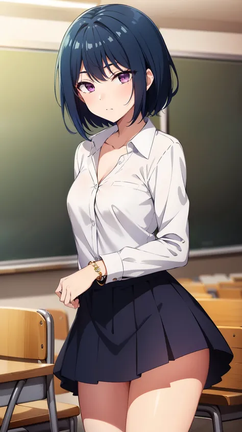 (masterpiece, best quality, high resolution, 8k:1.2),anime art style, nozaki yuu,anime, girl1people, (small breasts), (narrowed eyes, eyes half-closed, jitome, rolling eyes :1.2), (eye light: 1.2), closed mouth, blue hair, (short hair:1.2), purple eyes, be...