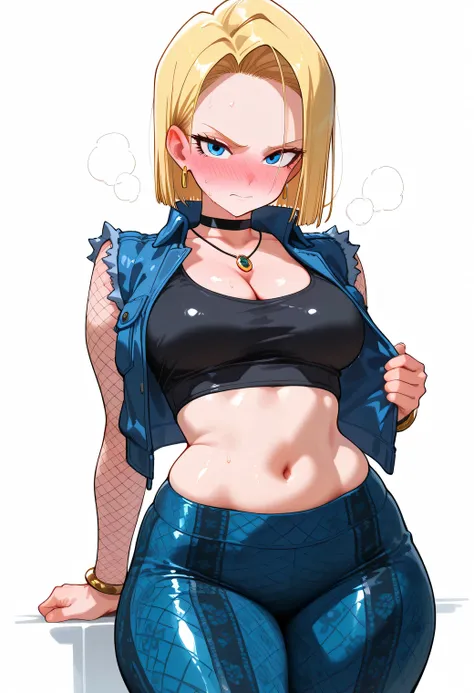 score_9, score_8_up, score_8, medium breasts, (curvy), cute, eyelashes,      ,,,   zzAndroid18, blue eyes, blonde hair, short hair, jacket,, jewelry, earrings, solo focus, looking at viewer, shiny skin, shiny hair, shiny body, clear body, nose blush, BREAS...