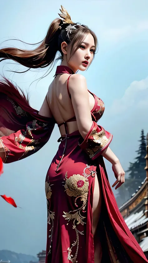 (A Divine Beast), Nine-Tailed Demon Fox, Dynamic Body Type, (Chinese Monster), Handsome, Splashed Ink, Chinese, 1girl, ((Full Body), ((2.5D)), Floating Hair, Beautiful Eyes, Delicate Eyes, Delicate Silhouette, Fantasy Art, (Black and Red Antique Brocade Ha...