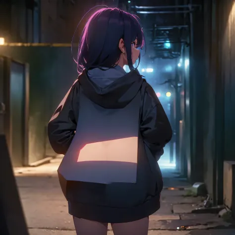 ((masterpiece, best quality, high definition, album jacket,  perfect pixels, depth of field, 4K, )),deserted back alley background 、 Shadow and Light、girl wearing a hoodie in the center、full body shot、8K