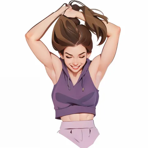 1girl, solo, long hair, breasts, smile, simple background, brown hair, white background, medium breasts, closed eyes, upper body, ponytail, midriff, pants, hood, armpits, arms up, lips, hoodie, muscular, hood down, muscular female