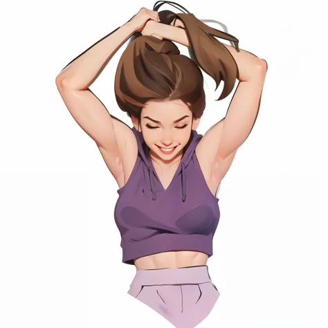 1girl, solo, long hair, breasts, smile, simple background, brown hair, white background, medium breasts, closed eyes, upper body, ponytail, midriff, pants, hood, armpits, arms up, lips, hoodie, muscular, hood down, muscular female