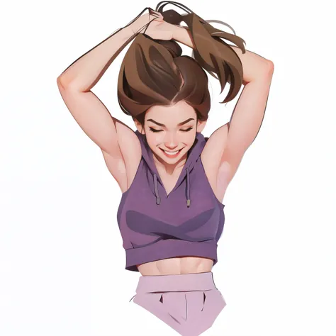 1girl, solo, long hair, breasts, smile, simple background, brown hair, white background, medium breasts, closed eyes, upper body, ponytail, midriff, pants, hood, armpits, arms up, lips, hoodie, muscular, hood down, muscular female