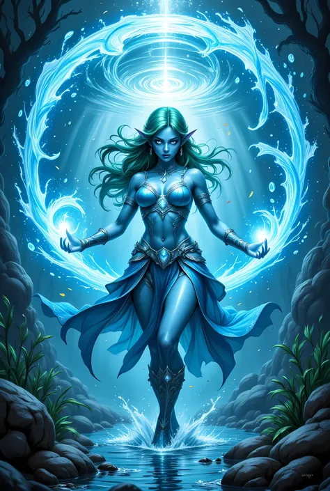 a picture of a sea elf, a water mage casting ((water control spell)), water wizard ((water magic, intense magic details)), controlling a swirling mass of water, magical symbols, female sea elf, blue skin, green hair, long hair, swirling hair, intense eyes...