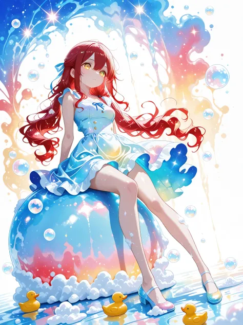 wide shot,full body 1 girl , golden eyes , very long hair , long sidelocks, red hair ,half updo, petite , very cute , beautiful ,Straight hair, cool, handsome, hair between eyes, sexy, medium breasts , (twintails), wavy hair,sundress,spread skirt,bare legs...
