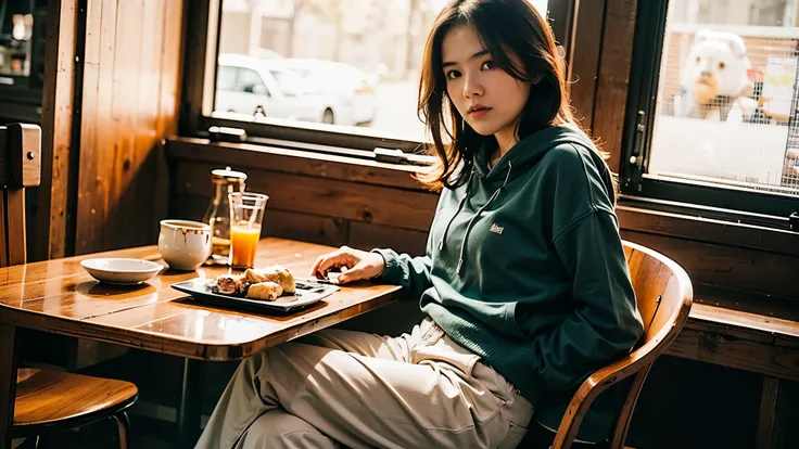 “A beautiful indonesian young woman, mid-20s, long straight hair dyed light brown down to her back. She wears a slightly oversized hoodie with a printed bear logo on the chest, casual but cute. Her pants are long and fitted, soft fabric, in neutral beige o...