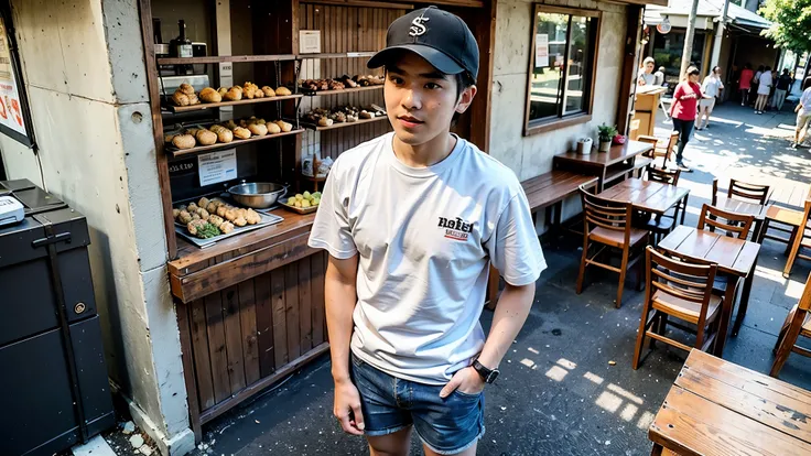 Full-body portrait of a 25-year-old Southeast Asian man, standing behind a traditional street food cart (angkringan). He wears a basic t-shirt, knee-length shorts, and a baseball cap with a clear NY logo. His posture is relaxed but alert, as if mid-convers...