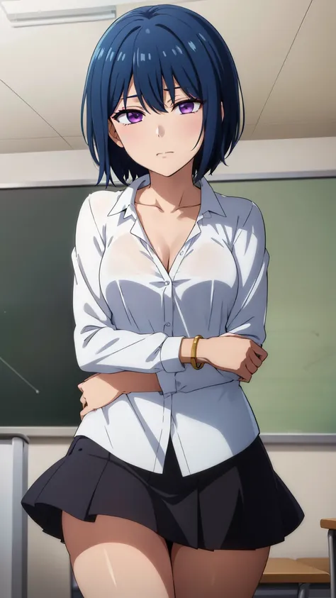 (masterpiece, best quality, high resolution, 8k:1.2),anime art style, nozaki yuu,anime, girl1people, (small breasts), (narrowed eyes, eyes half-closed, jitome, rolling eyes :1.2), (eye light: 1.2), closed mouth, blue hair, (short hair:1.2), purple eyes, be...
